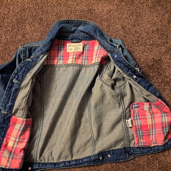 New With Tags Aeropostale Distressed,Cropped,Flannel Lined Denim Jean jacket - Picture 6 of 10